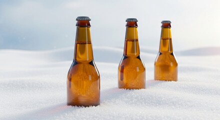 Cold beer bottles resting in fresh snow, perfect for winter celebrations.