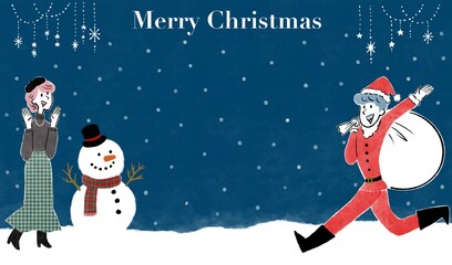 雪の降るクリスマスの夜、サンタクロースの格好をした男性と女性の幸せそうなイラスト