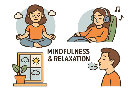 Mindfulness and relaxation icon set. People practice yoga, meditation, listening to music, and deep breathing exercises. Mental health, calm, zen, harmony, and well-being lifestyle concept.