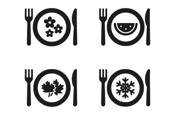 Four seasons food icon set. Seasonal eating concept with plate, fork, knife. Spring flowers, summer watermelon, autumn leaves, winter snowflake. Restaurant menu vector glyphs.