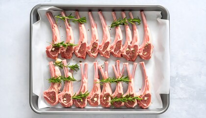 Raw Lamb Chops Seasoned with Herbs and Spices on a Baking Tray
