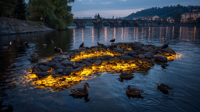 Ducks bask on illuminated rocks in a river, bridge visible in background