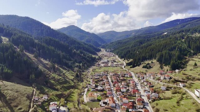 Aerial 4K Drone Footage of Chepelare Town in the Rhodope Mountains, Bulgaria