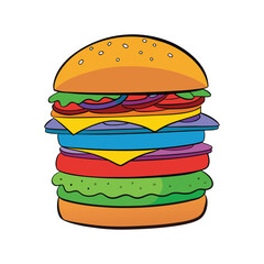 Vibrant cartoon hamburger with multiple colorful layers of ingredients