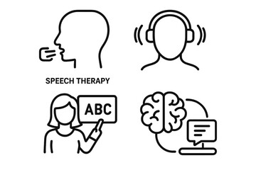 Speech therapy icon set for language disorder and neurorehabilitation. Vector outline icons of communication, brain learning, aphasia treatment, and logopedics concepts.