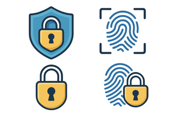 Cybersecurity icon set with padlock and fingerprint scanner. Concept for digital security, data protection, privacy, and biometric authentication. Secure login vector cartoon.