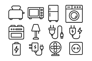 Electric appliance line icon set. Household devices, kitchen equipment and electronics. Toaster, microwave, fridge, washer icons. Energy, power, charging and plug symbols.