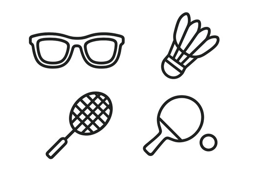 Sports outline icon set with sunglasses, badminton racket and shuttlecock, table tennis paddle and ball. Vector graphic illustration for recreation, game, and leisure activity.