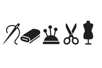 Sewing and tailoring tools icon set. Solid black vector glyphs of needle, thread, fabric, pins, scissors, mannequin. For dressmaking, fashion design, craft, hobby, DIY.