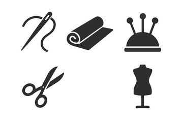 Sewing tools solid icon set. Vector glyph symbols for needlework, tailoring, and dressmaking. Needle, thread, fabric roll, pincushion, scissors, and mannequin silhouette.