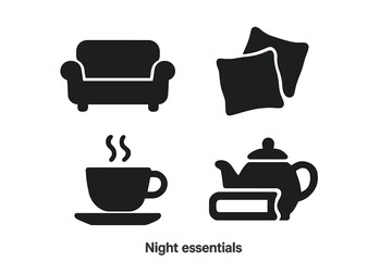 Cozy night at home icon set. Vector glyph symbols for relaxation and comfort. Sofa, pillows, hot drink, book, and teapot. Hygge lifestyle essentials for a quiet evening.