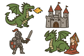 Cute cartoon fantasy icon set with dragon, knight, princess and castle. Medieval fairytale characters for kids. Vector illustration of mythical creature, fire, and armor.