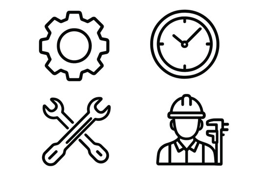 Mechanical engineering icon set with gear, clock, crossed wrenches, and engineer. Vector line art for industry, repair service, precision work, and time management concepts.