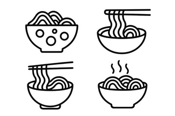 Noodle soup outline icon set. Asian cuisine vector graphic collection. Ramen, pasta, soba bowl with chopsticks. Fast food simple line art for menu, logo or restaurant symbol.