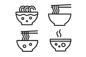 Noodle soup outline icon set. Asian cuisine food symbols. Vector ramen, pho, pasta bowl illustration. Chopsticks, steam. Japanese, Chinese, Thai food pictogram line art.