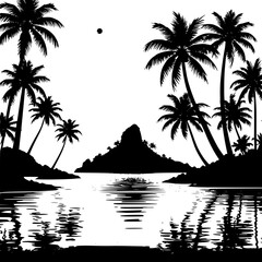 Silhouette of tropical island with palm trees and water reflections