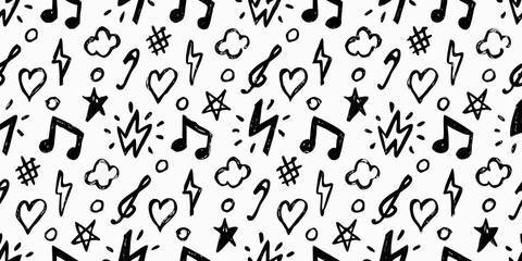 Hand Drawn Music and Love Symbols Seamless Pattern in Black and White