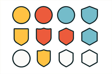 Simple geometric shapes vector set. Circles, shields, hexagons. Minimal flat color icons for graphic design, logo, badge, label, template, UI, web, app, branding. Transparency background.