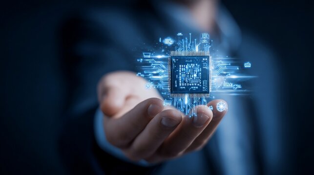 Person holding glowing CPU with data streams; blurred business background; tech concept use