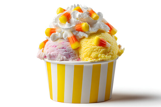 Halloween ice cream dessert in paper cup, candy corn flavored scoop topped with candy corn pieces and whipped cream, pastel kawaii style.