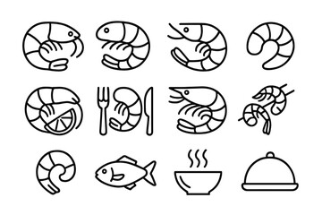 Seafood shrimp line icon set, culinary restaurant outline icons collection, vector cartoon illustration of prawn, seafood meal, fish, shrimp dish, food, kitchen tools, lunch, transparent background