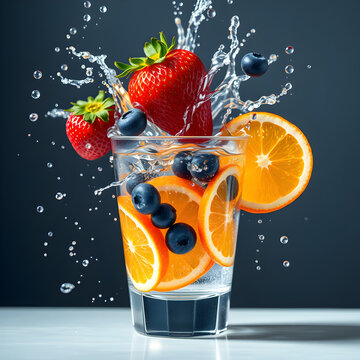 A glass of fruit juice with strawberries and orange slices splashing in it."