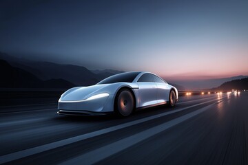 A sleek concept vehicle on an empty highway at dusk, motion blur effect, futuristic design.
