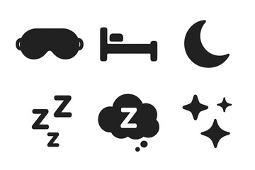 Sleep icon set. Solid glyph icons for rest, recovery, and bedtime. Includes sleep mask, bed, moon, stars, zzz symbol, and dream cloud. Nighttime relaxation vector.