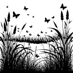 Silhouette of butterflies flying over grass and reeds in black and white