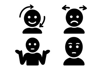 Nonverbal cues icon set. Body language concepts like nodding, shaking head, shrugging, and raised eyebrow. Vector pictograms for yes, no, doubt, and skepticism.