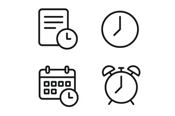 Time management outline icon set, schedule clock calendar alarm icons, vector cartoon illustration, office productivity planner, deadline, reminder, organization, transparent background