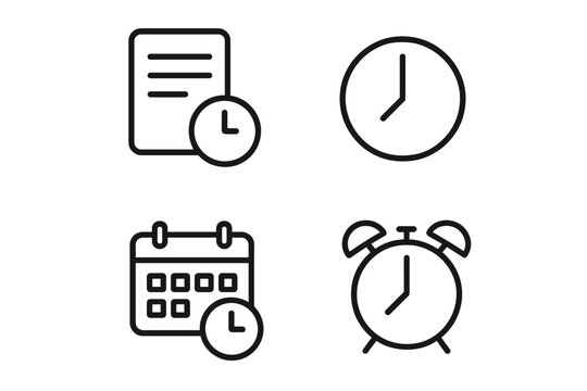 Time management outline icon set, schedule clock calendar alarm icons, vector cartoon illustration, office productivity planner, deadline, reminder, organization, transparent background