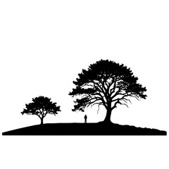 Silhouette of two trees and a person standing on a small hill in black
