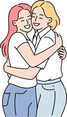 Emotional cartoon hug between pink-haired and blonde characters, joyful embrace in casual outfits with closed eyes and smiling faces, vector art