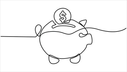 
Continuous line piggy bank. piggy bank icon one line drawing. invitation let's save, one line art concept of business finance. One continuous line drawing of piggy bank with dollar coin.
