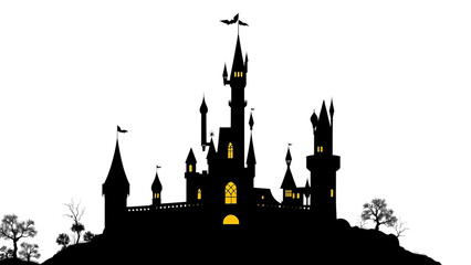 Naklejka premium Enchanted castle silhouette with glowing windows, magical fantasy design, whimsical clipart PNG with transparent background.
