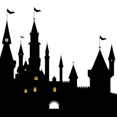 Enchanted castle silhouette with glowing windows, magical fantasy design, whimsical clipart PNG with transparent background.