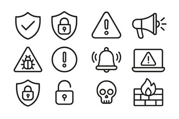 Security and alert line icon set. Cyber protection, warning symbols, virus, malware, firewall, danger, and threat vector illustration. Linear collection for web and app design.