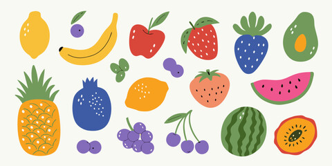 Colorful Fruit Collection Hand Drawn Style Healthy Eating Vegan Food