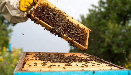 Beekeeper Removing Honeycomb Frame with Bees.