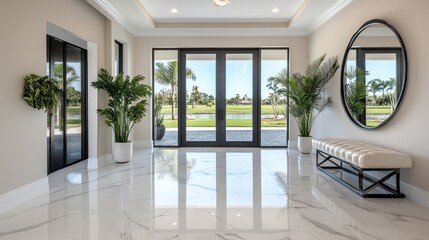 Fototapeta premium Spacious Modern Entryway with Marble Floors and Scenic Outdoor View