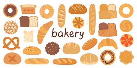 Assorted bakery products including bread donuts croissants and pretzels on white background