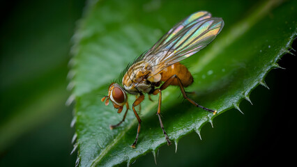 Fototapeta premium Close-up of a vibrant orange fly with iridescent wings perched on a serrated green leaf.