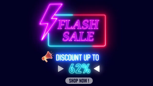 Bright neon discount banner, purple and blue glowing theme, 62% off highlighted, shopping clearance promotion, social media campaign tool,