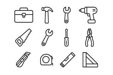 Fototapeta premium Toolbox and workshop line icon set. Handy tools, DIY equipment for construction and repair. Vector illustration collection of hammer, saw, drill, wrench and screwdriver.