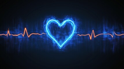 Fototapeta premium Abstract Glowing Blue Heart and Energetic Heartbeat Wave on Digital Grid