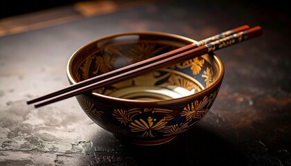 Decorative blue-and-white ceramic bowl with wooden chopsticks resting across the top, placed on a warm wooden surface in soft natural light