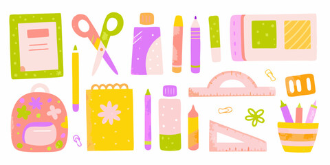 Cute and Colorful Back to School Supplies Illustration on White Background
