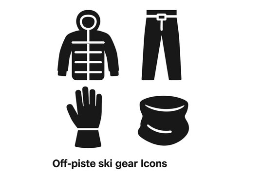 Ski gear icon set. Winter sports apparel symbols. Off-piste, freeride and backcountry skiing equipment. Vector illustration of jacket, pants, gloves, and neck gaiter.