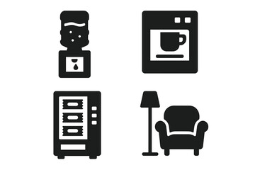 Office amenities solid icon set. Vector symbols for water cooler, coffee machine, snack vending machine, and lounge or break room. Workplace facilities and employee benefits.